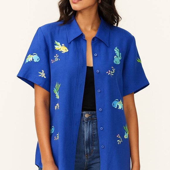 Sara Spencer Tops - Vintage Sarah Spencer size 20W button down shirt embroidered fish blue linen